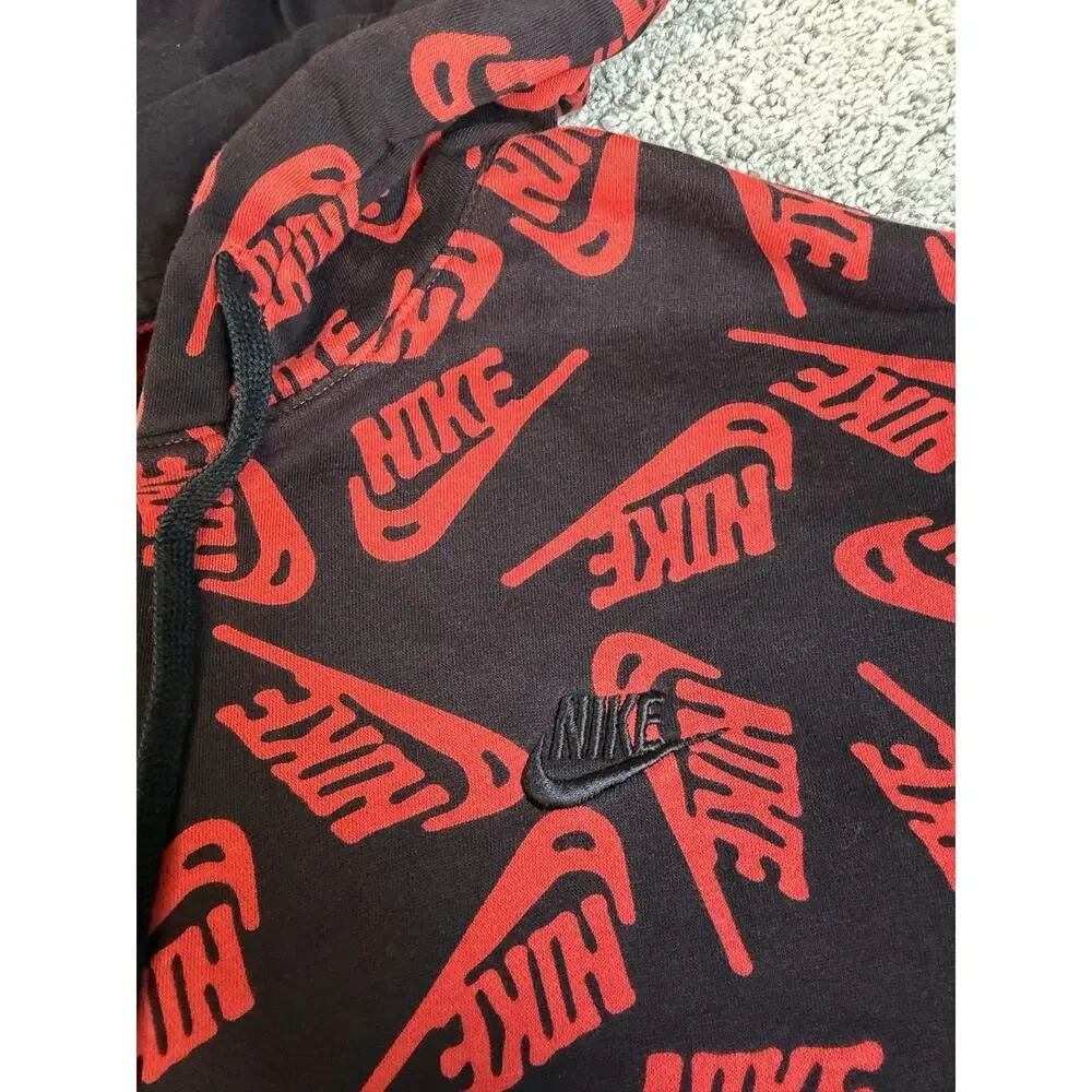 Nike Hoodie Mens M Black Pullover Hooded Drawstring Pockets Graphic Print Lined